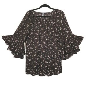 CHAPS Ralph Lauren Black Floral Blouse Women's Size XL 3/4 Sleeve Semi-Sheer Top